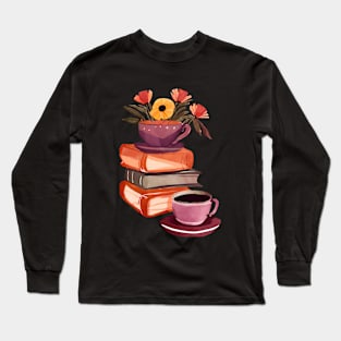 Books Flowers and Coffee Cup, Cute Watercolor Long Sleeve T-Shirt